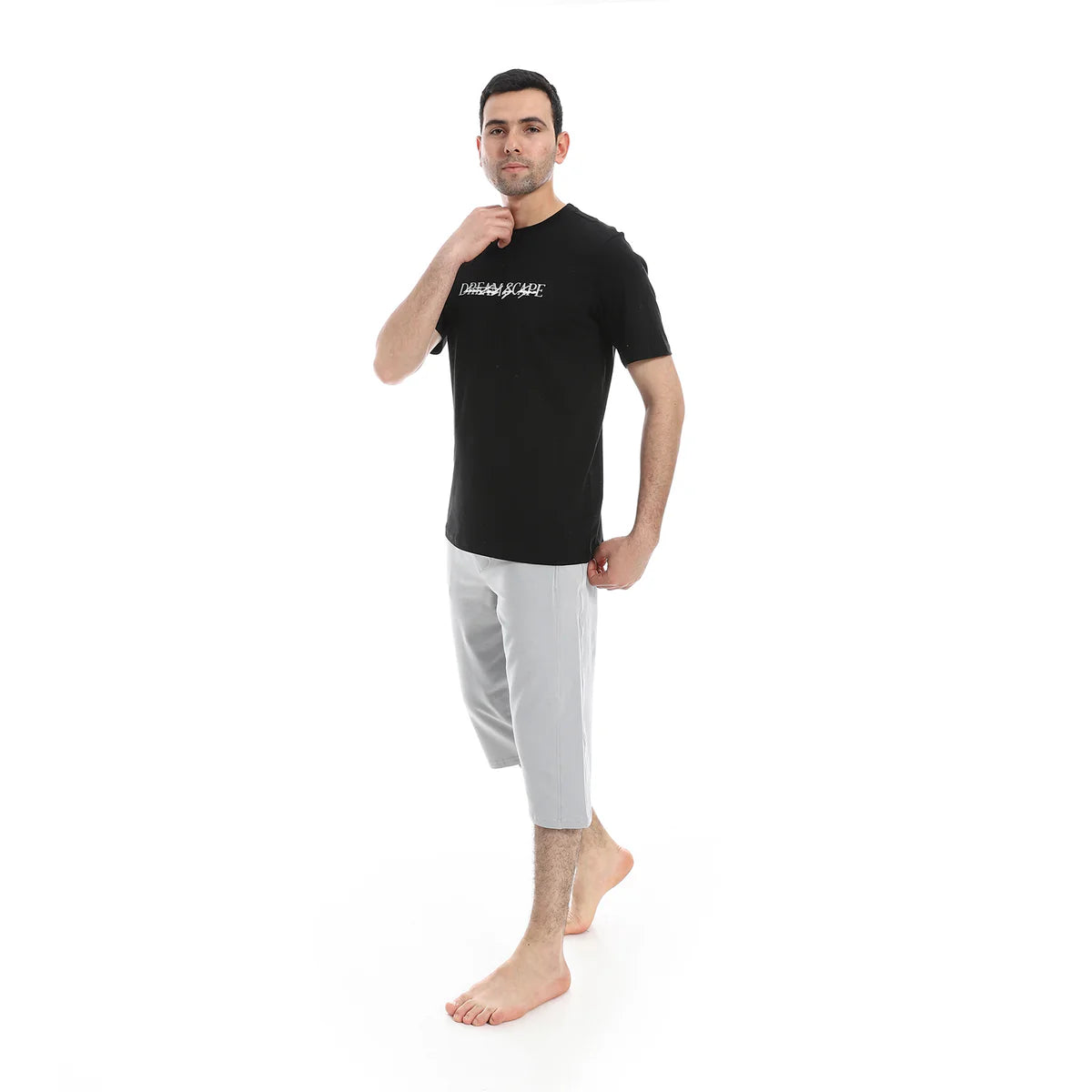 Men's Casual Short Sleeve T-Shirt and Knee-Length Shorts Pajama Set cotton