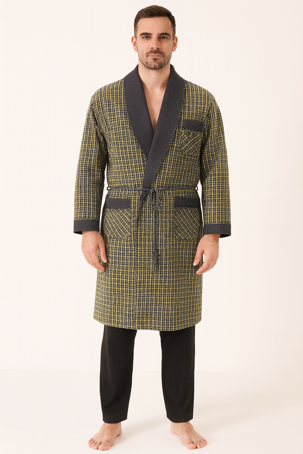 Winter Robe Men In Soft Wool –Green - Grey