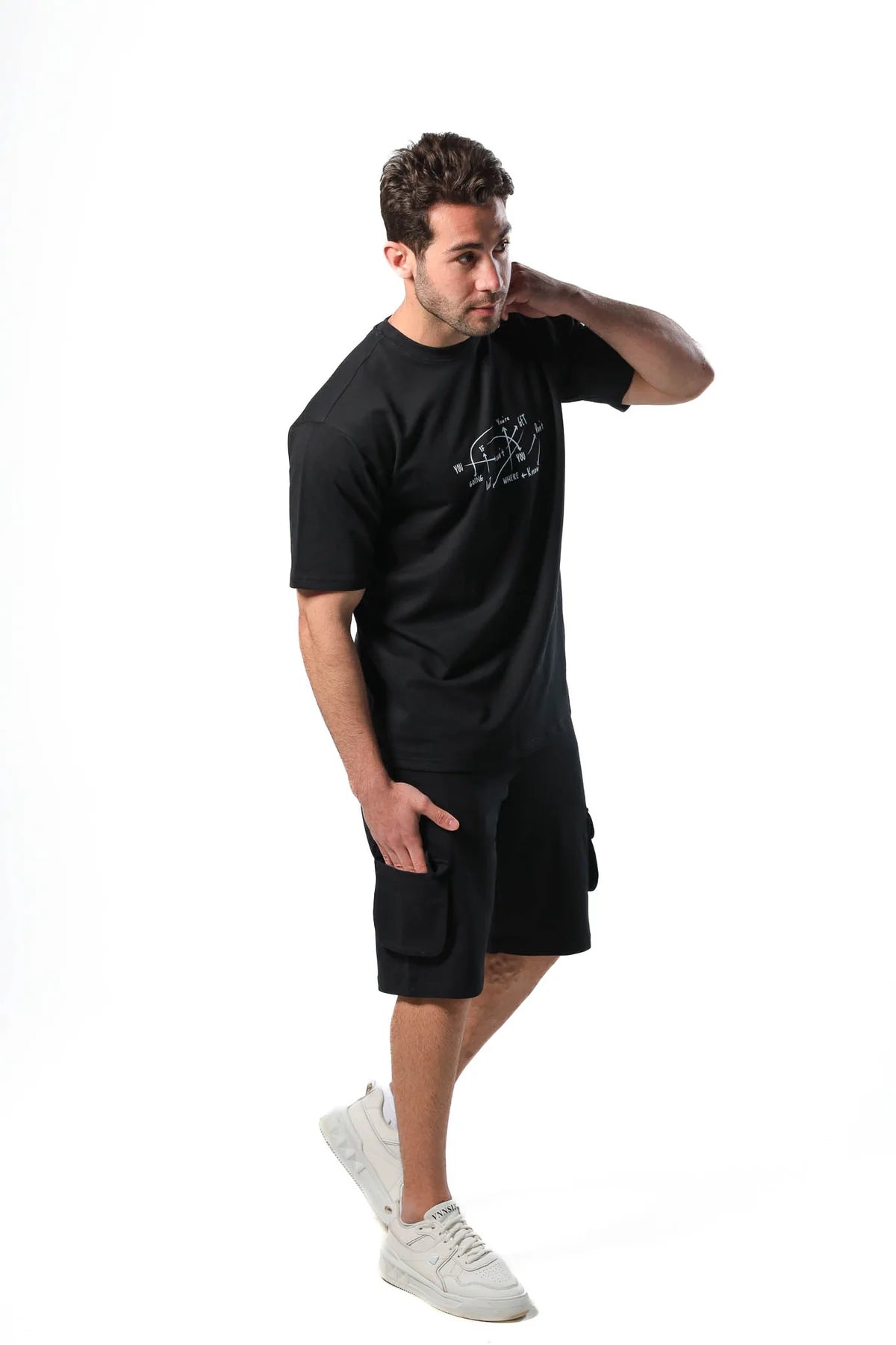 Men's pajama set with printed - Black cotton