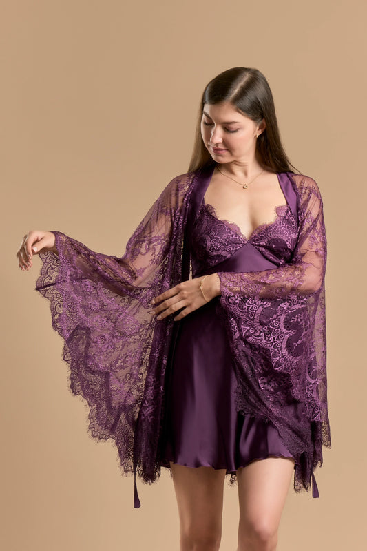 Short nightdress purple 2 piece satin & lace