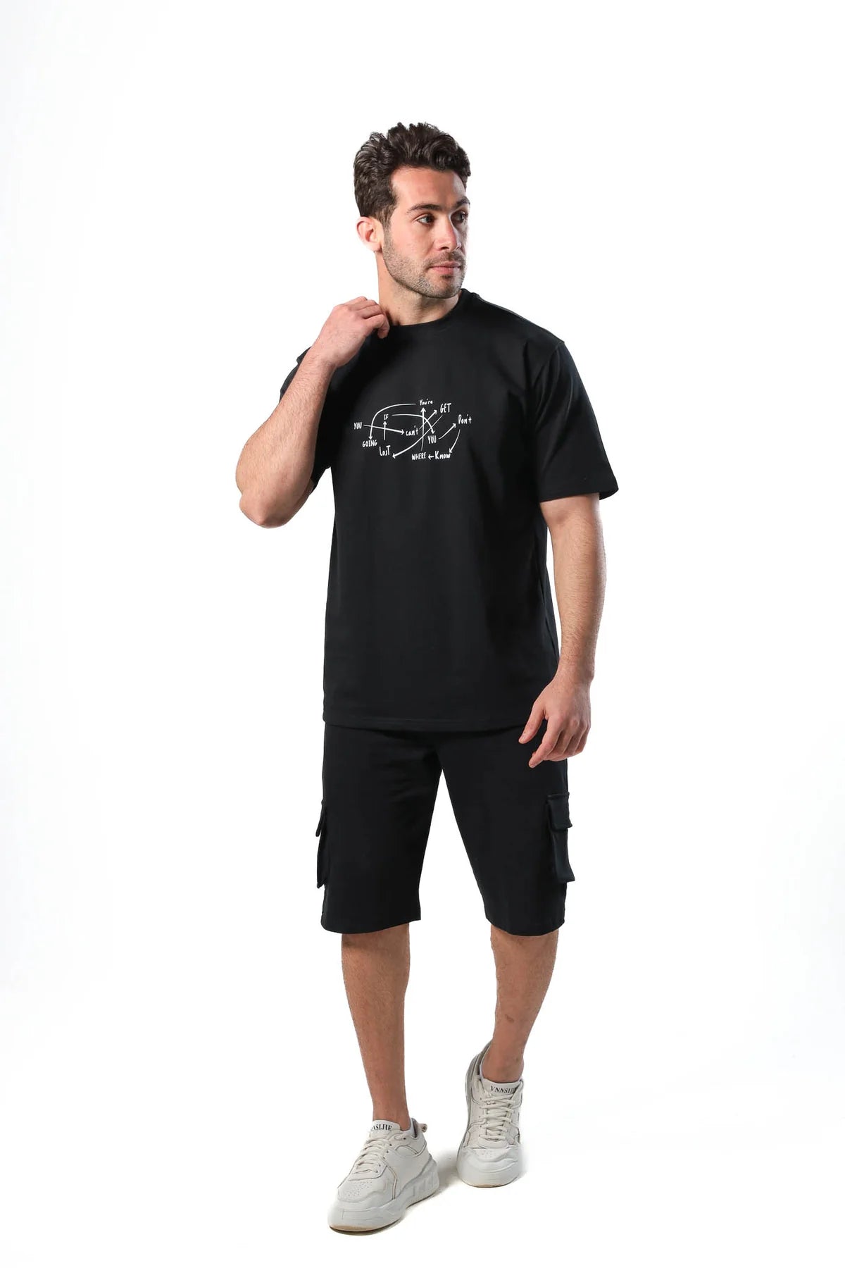 Men's pajama set with printed - Black cotton