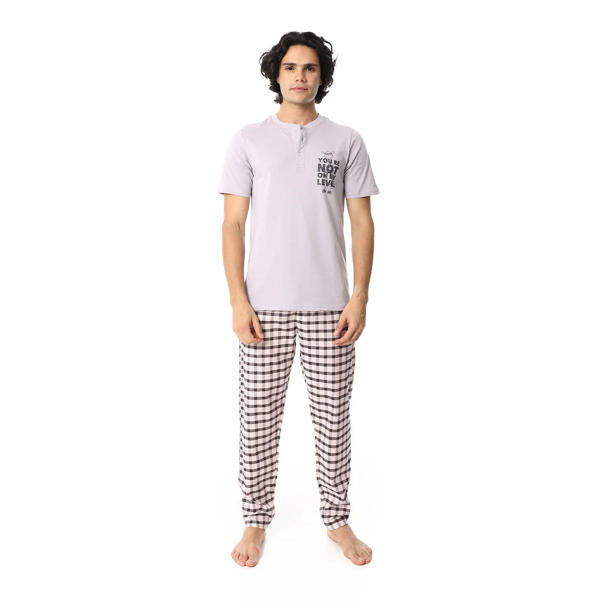 Men’s Cotton Pajama Set – Lavender Henley T-Shirt and Checkered Pants