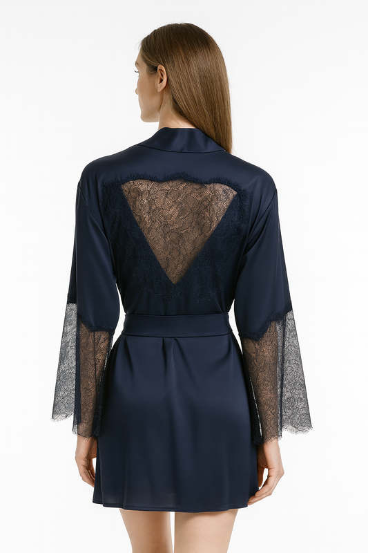 Short Satin & Lace Nightdress & Robe Set navy