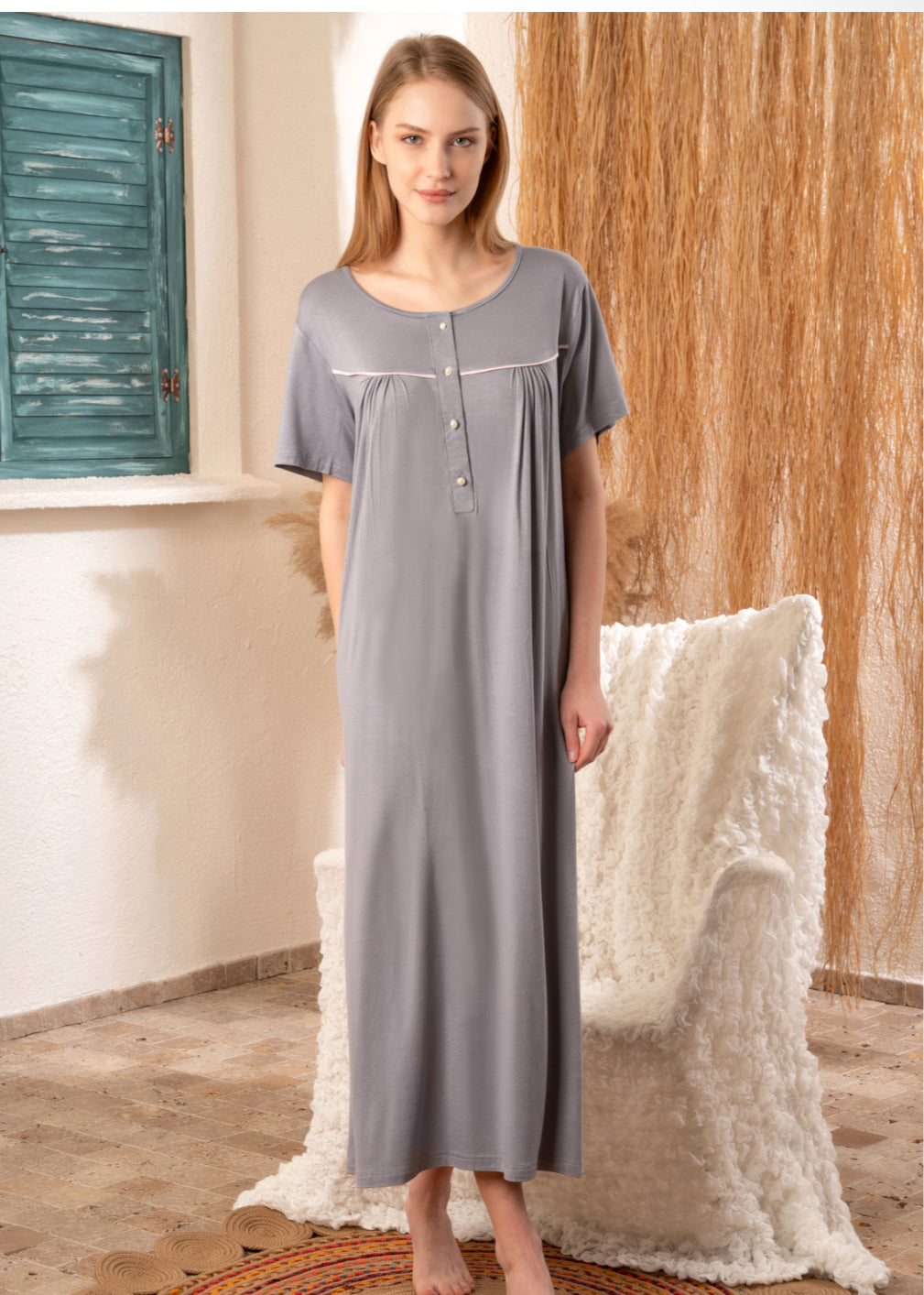 فستان نوم ماكسي قطن مودال رمادي 2xl