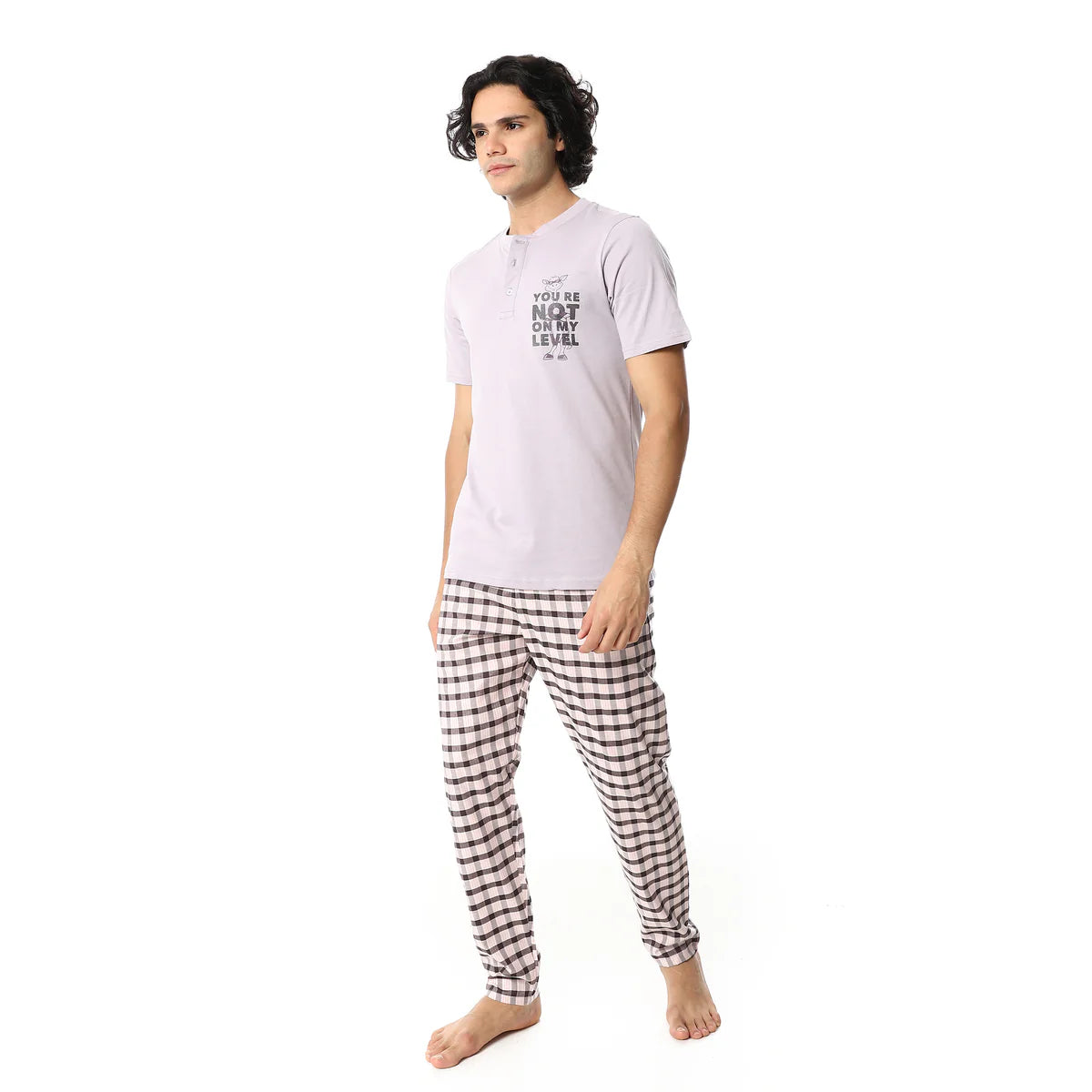 Men’s Cotton Pajama Set – Lavender Henley T-Shirt and Checkered Pants