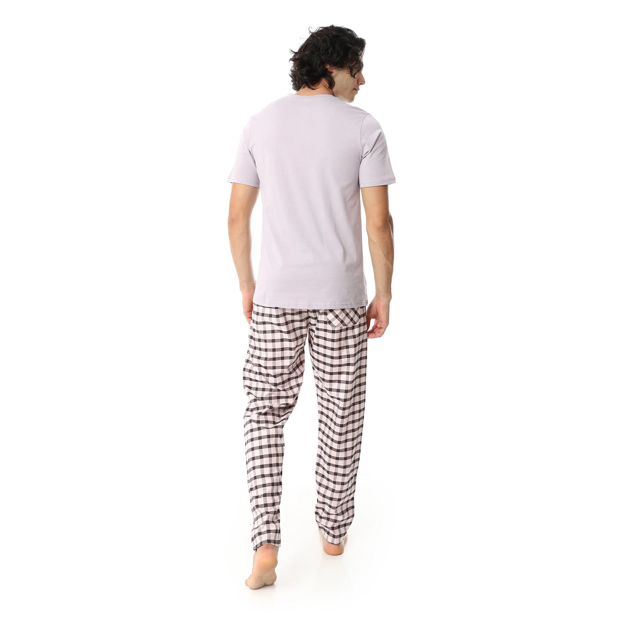 Men’s Cotton Pajama Set – Lavender Henley T-Shirt and Checkered Pants