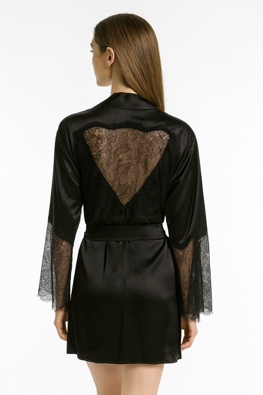 Short Satin & Lace Nightdress & Robe Set black