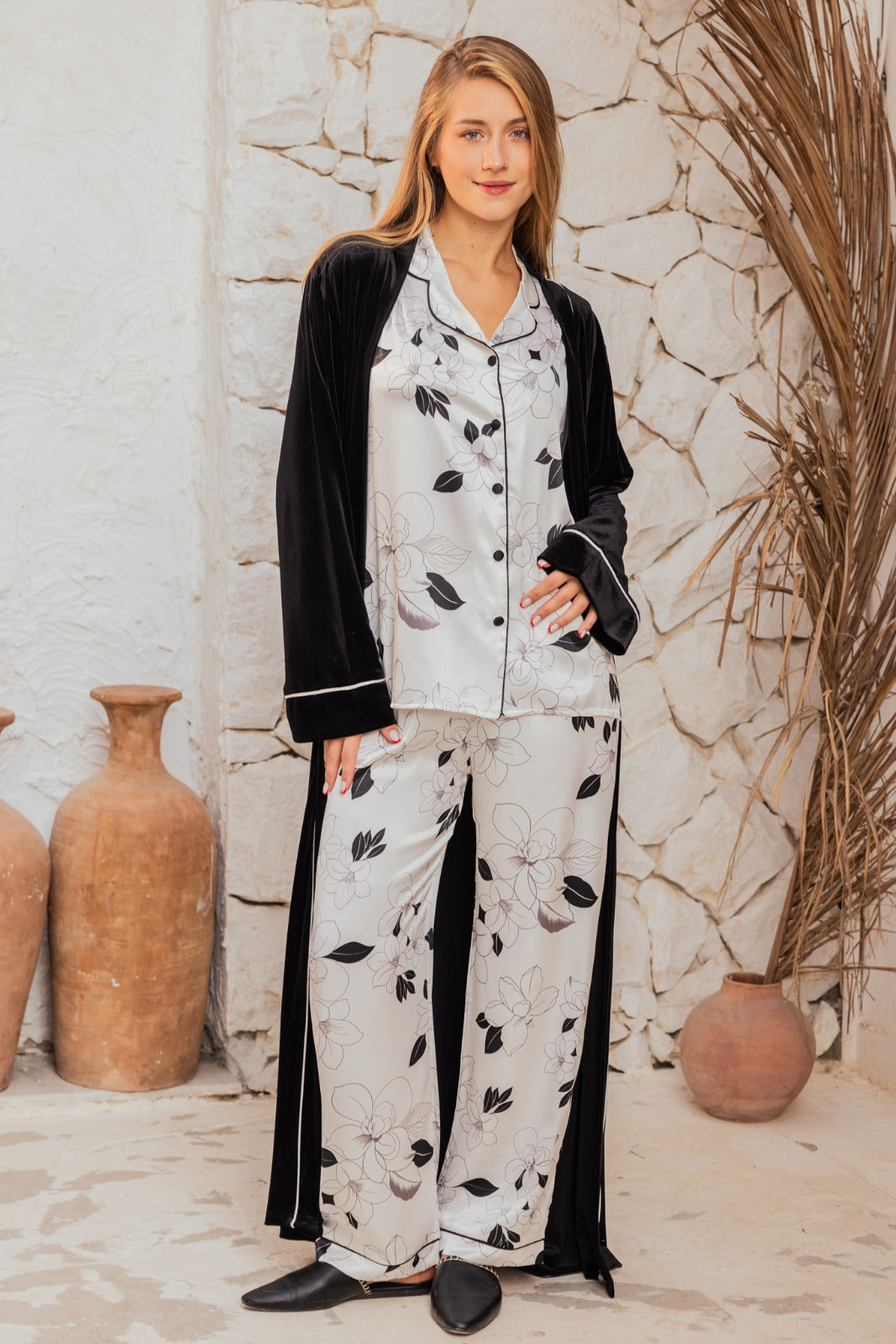 3pcs pajama satin and velvet Robe luxury