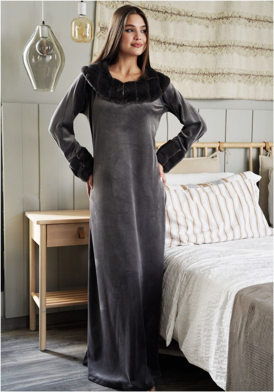 Velvet Grey Jalabiya with Faux Fur Round Collar Eg16910