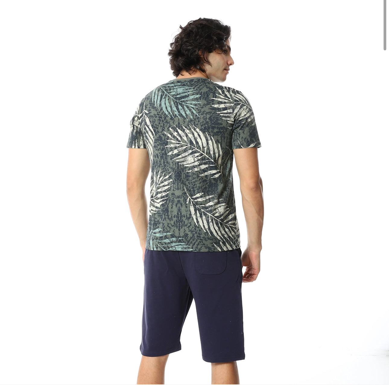 Olive Palm Leaves Tee & Solid Navy Shorts Pajama Set
