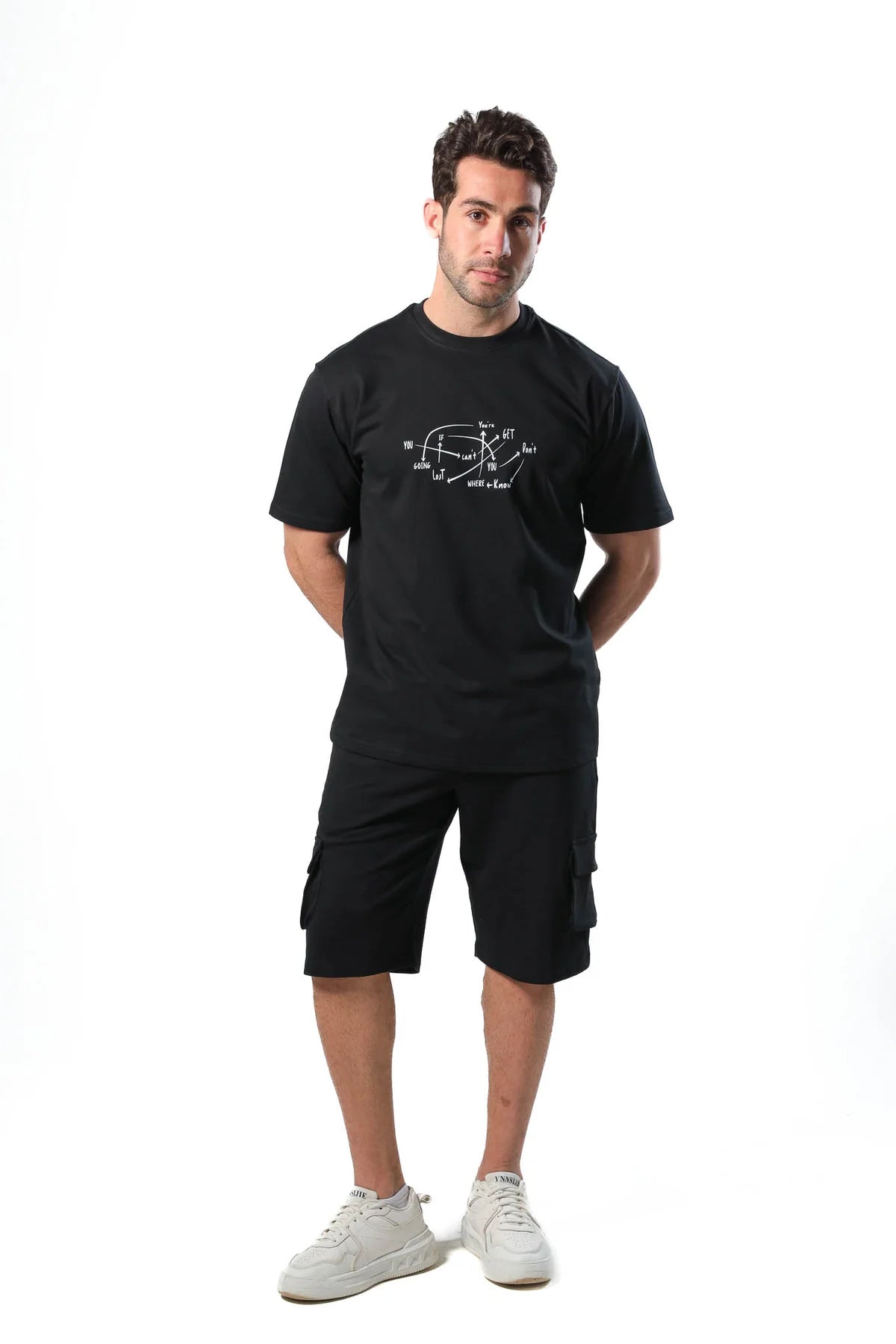 Men's pajama set with printed - Black cotton