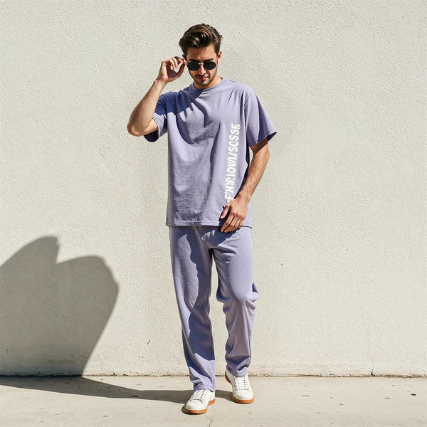 Men's Relaxed Fit Lavender Lounge wear cotton Set with Bold Side Print