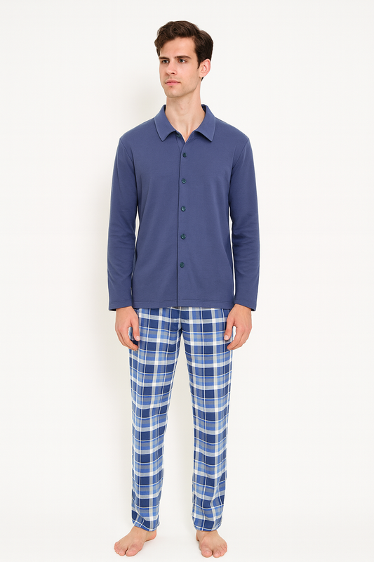 Men’s Pajama Italy Plaid Pajama Set with Soft Button-Up Top – Available in Olive Green and Navy L92264