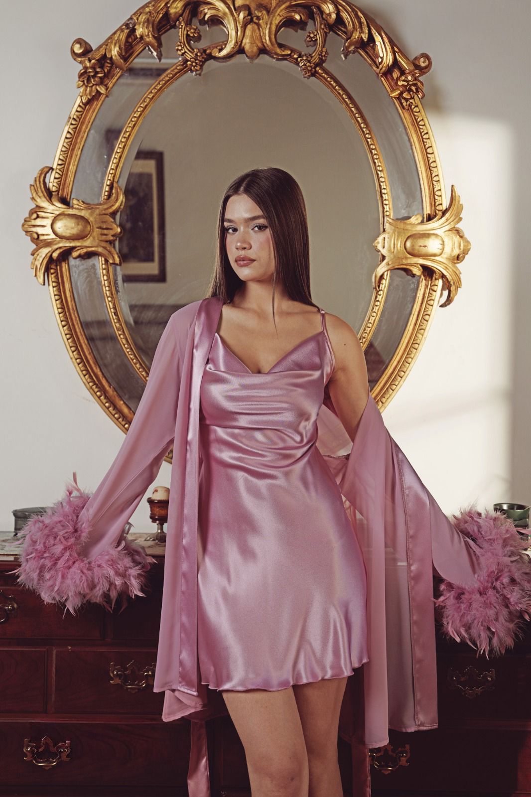 Luxury Satin Bridal Set with Feather Sleeves