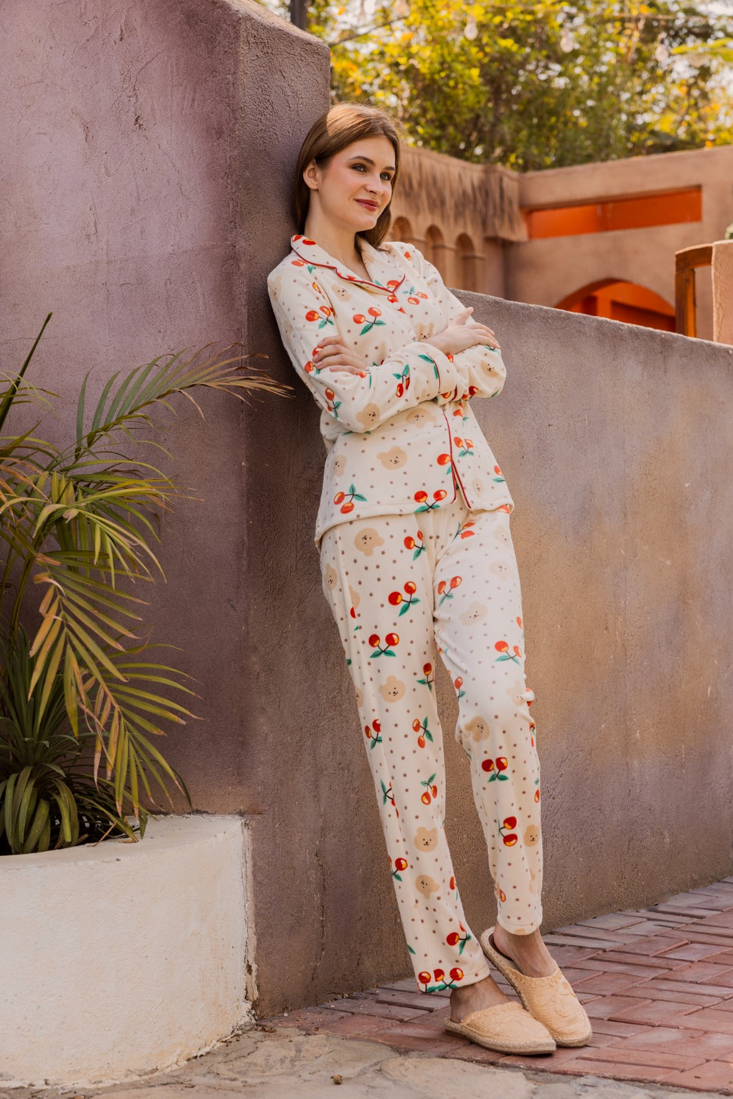 Women's ivory cherry dotted velvet pajama