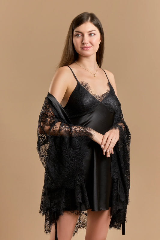 Short nightdress black 2 piece satin & lace