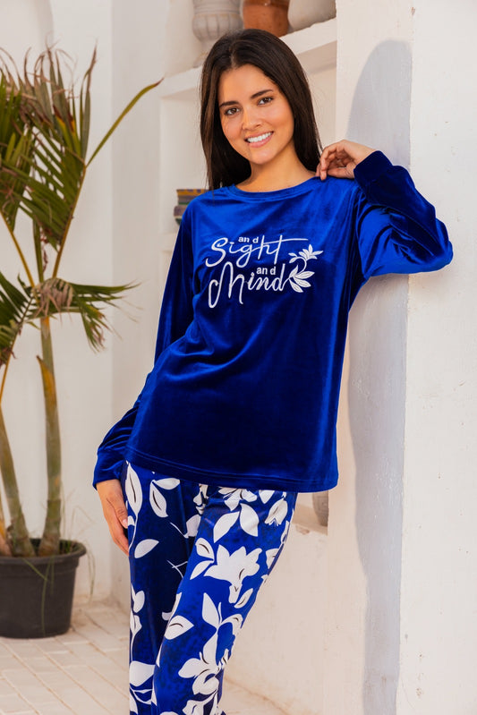 Women's blue pajamas with embroidery printed pants sight mind