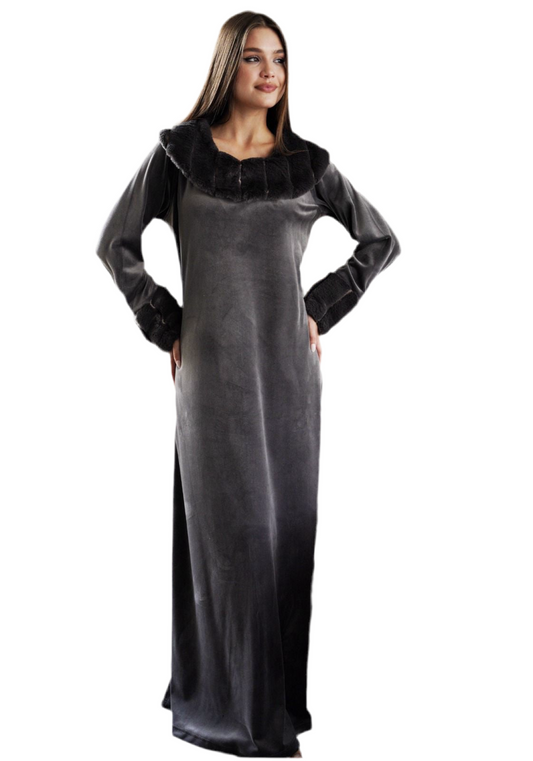 Velvet Grey Jalabiya with Faux Fur Round Collar Eg16910