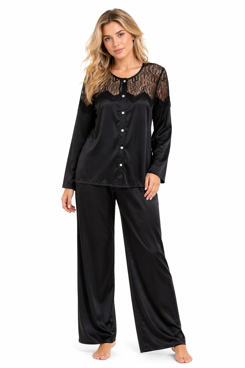Women Pajama long sleeve silk satin black ft1307