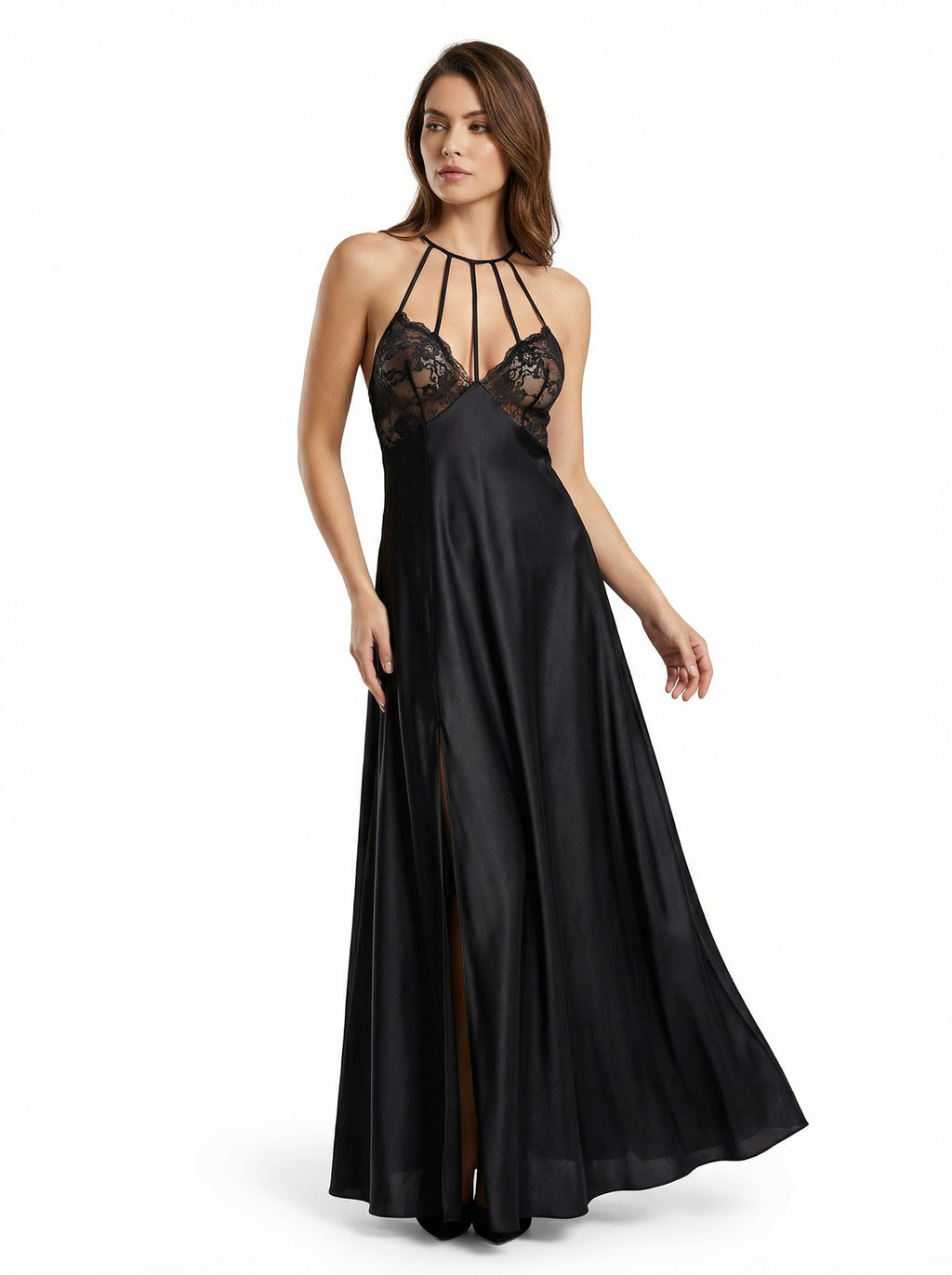 Long Dress lingerie silk satin black ft1560