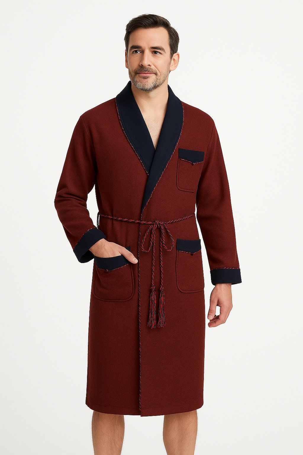 Elegant Warm Robe Men In Synthetic Wool – Burgundy / Navy Blue