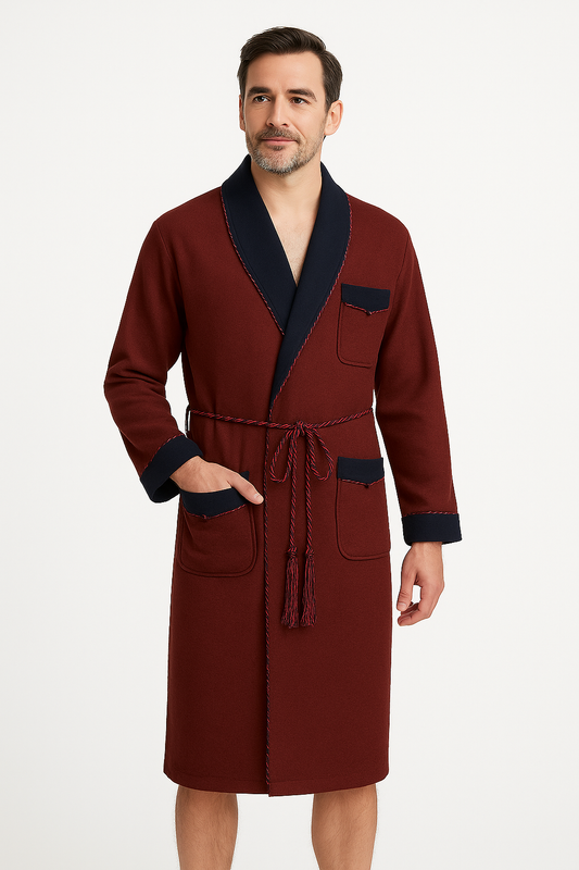 Elegant Warm Robe Men In Synthetic Wool – Burgundy / Navy Blue