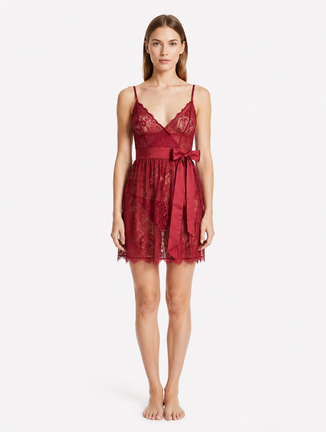 Short Night Dress dantel- Bordo ft1466