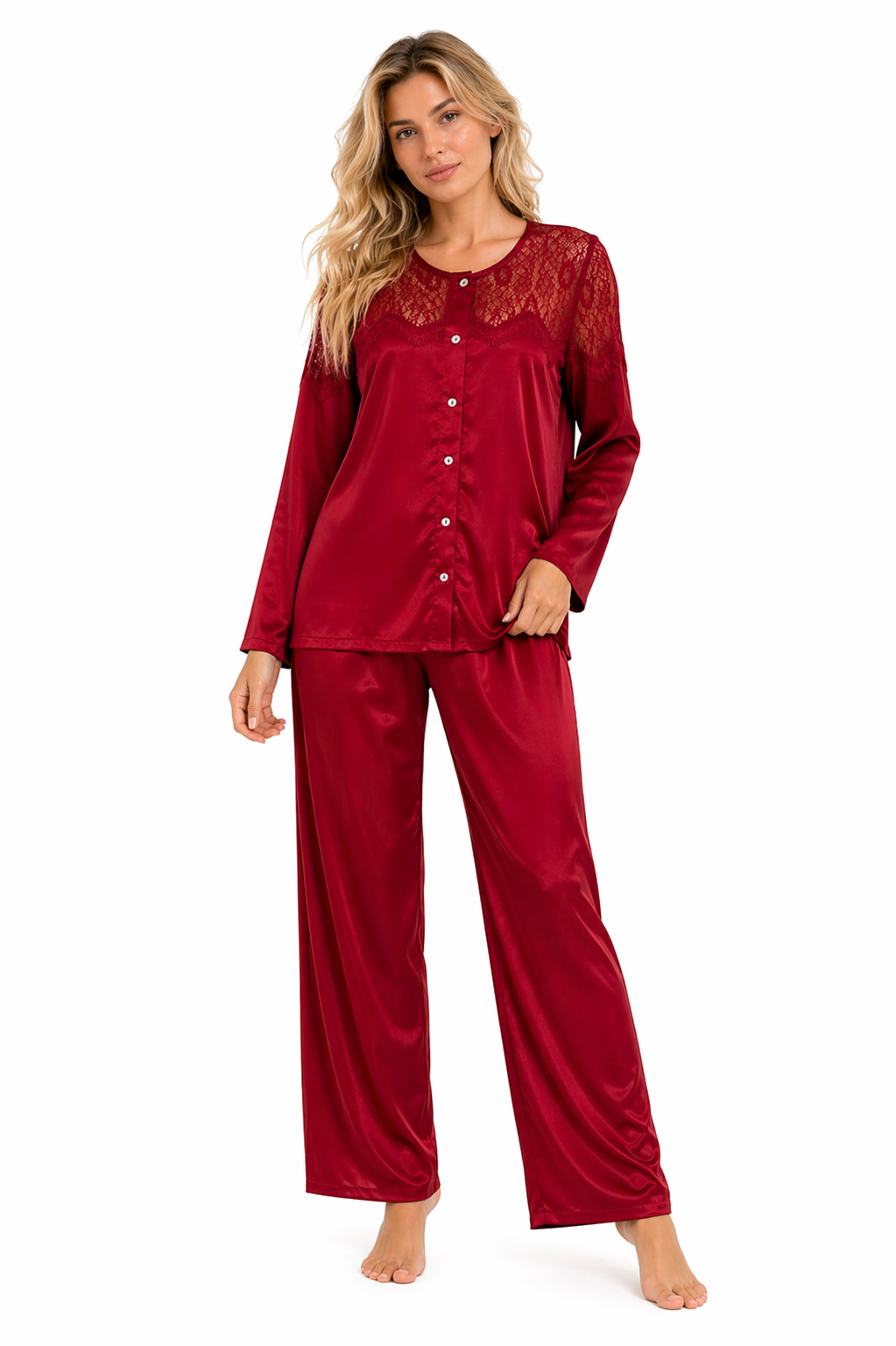 Women Pajama long sleeve silk satin red 1307