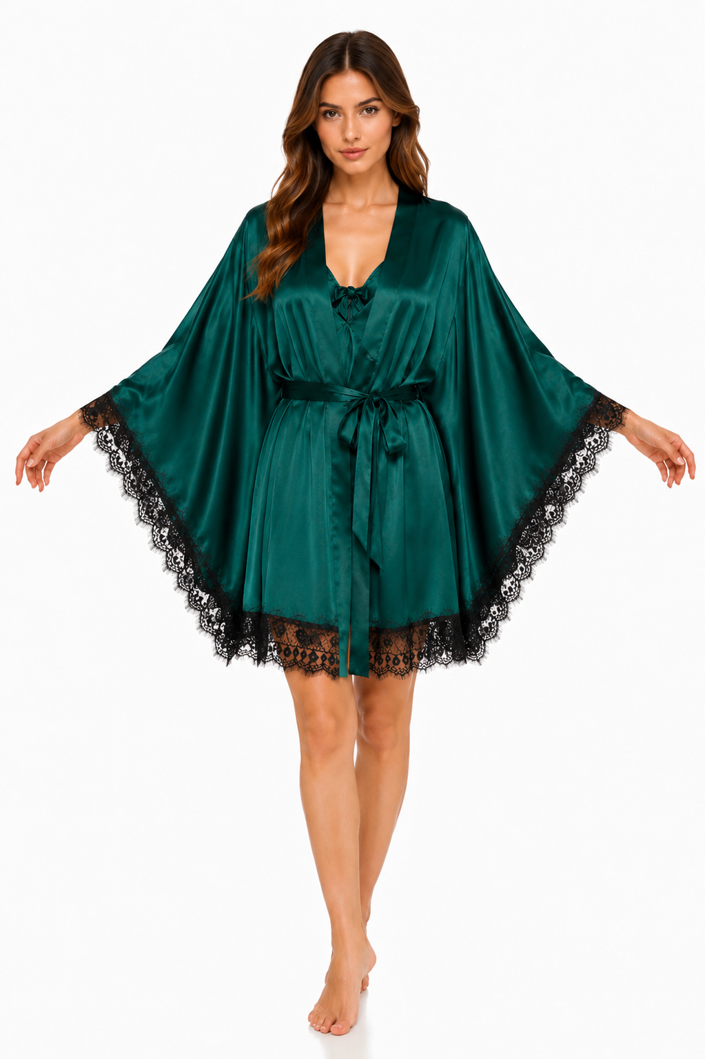 Short Satin & Lace butterfly Nightdress & Robe Set - Green  Ft1663