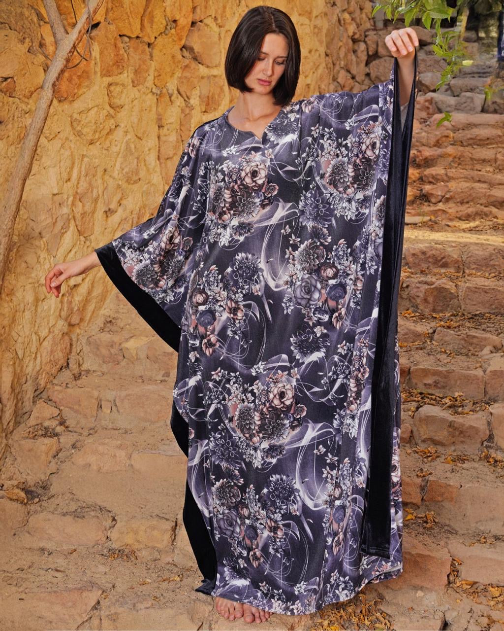 Luxury Velvet Jalabya butterfly painted  Free size EG16948