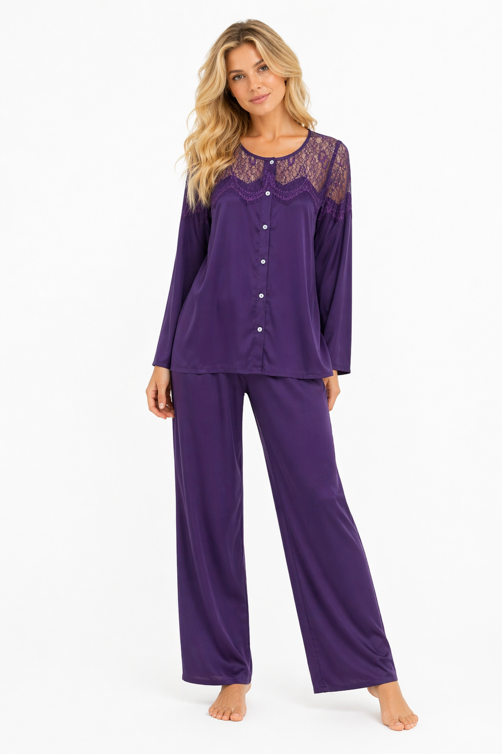 Women Pajama long sleeve silk satin purple 1307