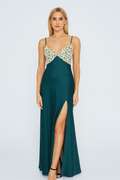 Long Night Dress Satin & Lace - olive