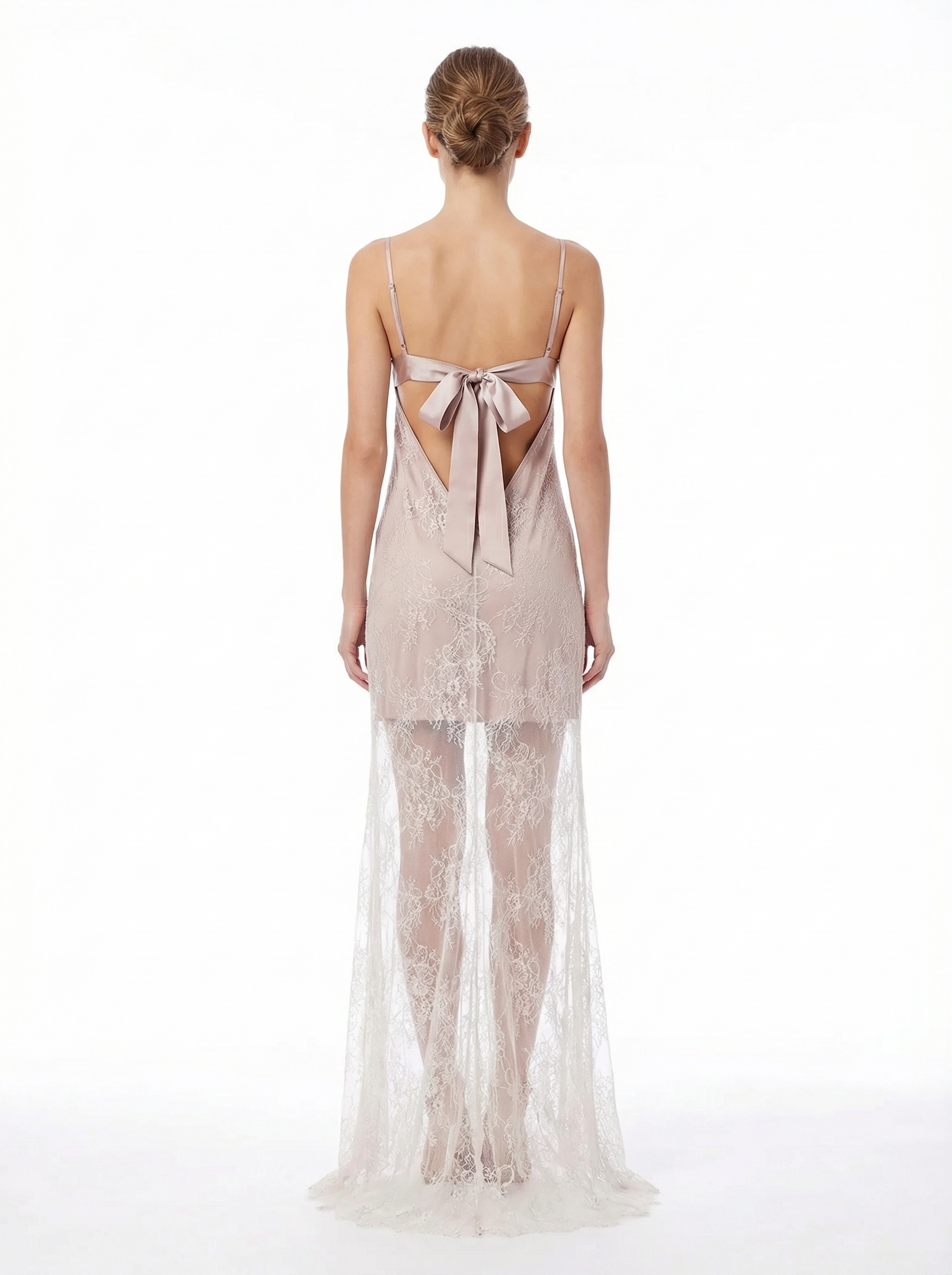 Long Dress lingerie tulle with silk satin beige ft1560