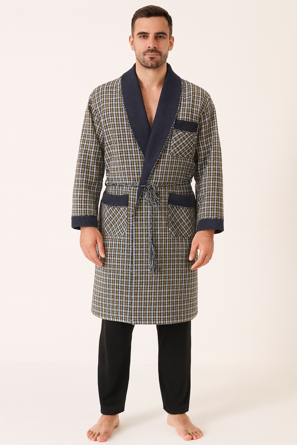Winter Robe Men In Soft Wool –Baby Blue - Grey