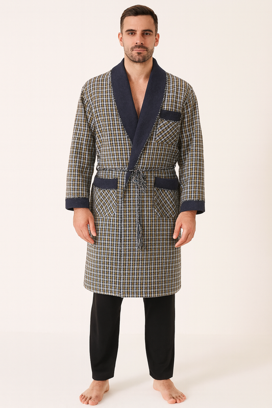 Winter Robe Men In Soft Wool –Baby Blue - Grey