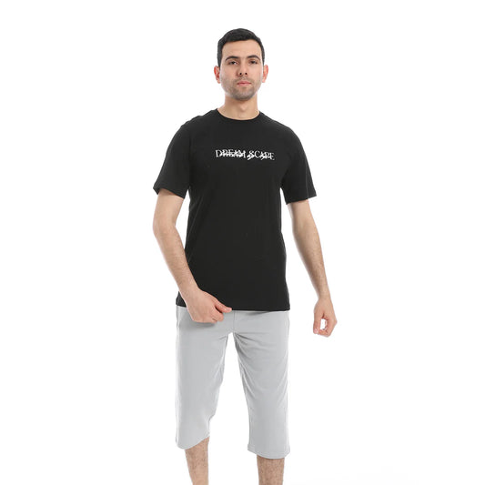 Men's Casual Short Sleeve T-Shirt and Knee-Length Shorts Pajama Set cotton