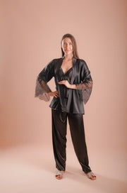 3 pieces pajama satin silk black