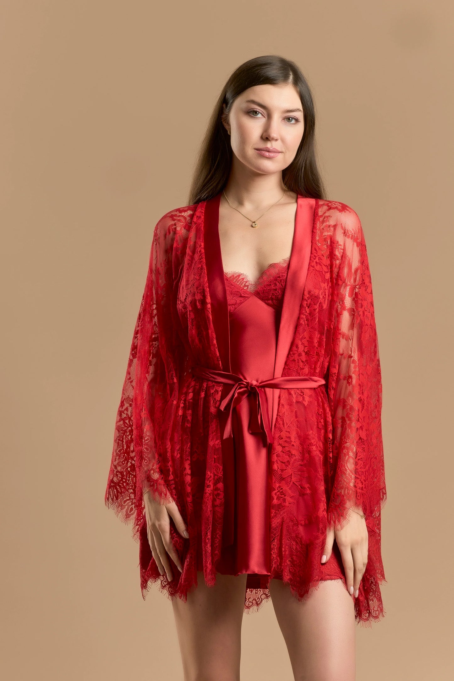 Short nightdress 2 piece satin & lace