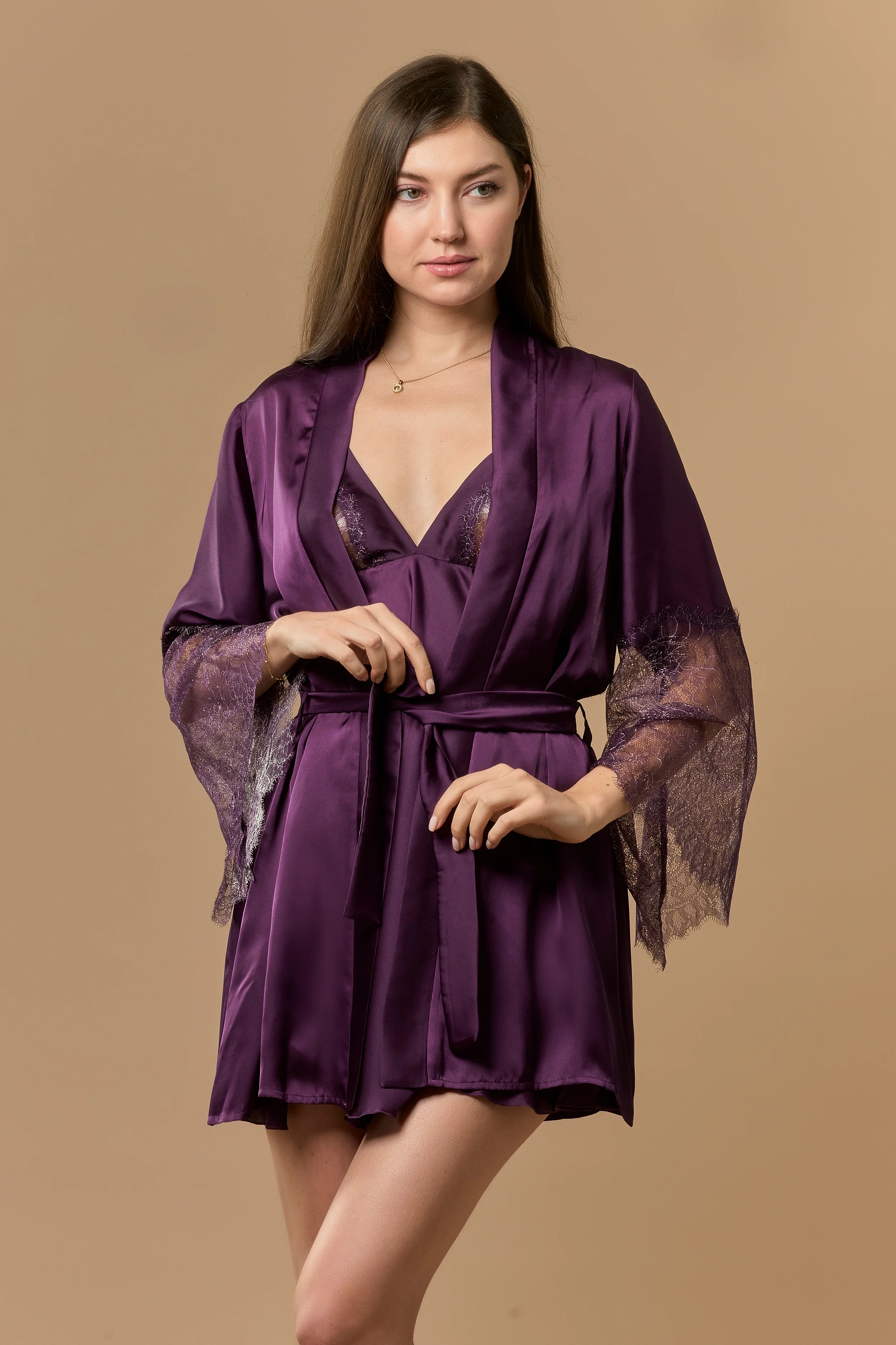 Short Satin & Lace Nightdress & Robe Set purple