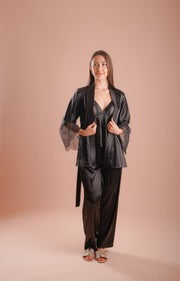3 pieces pajama satin silk black
