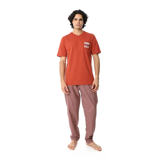 Men's Cotton Pajama Set – “Born Wild” V-Neck T-Shirt & Checkered Pants