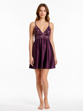 Short Night Dress silk satin with back flower  - purple ft1437
