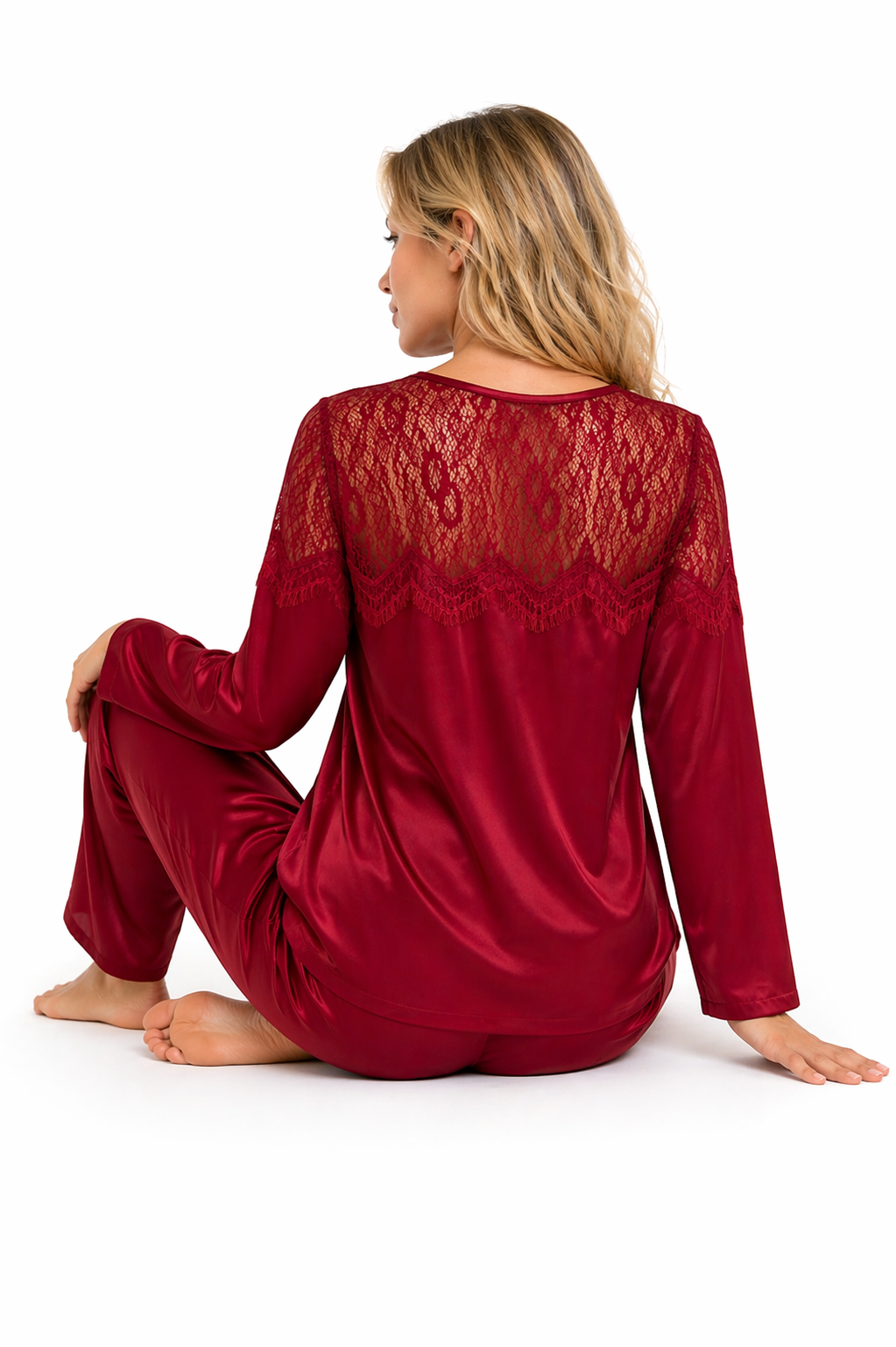 Women Pajama long sleeve silk satin red 1307