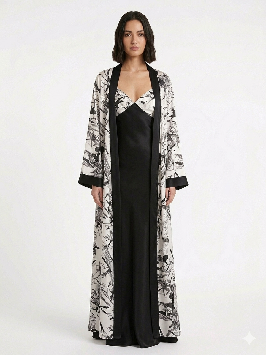 Luxury Chiffon Robe with Silk Satin Set Black