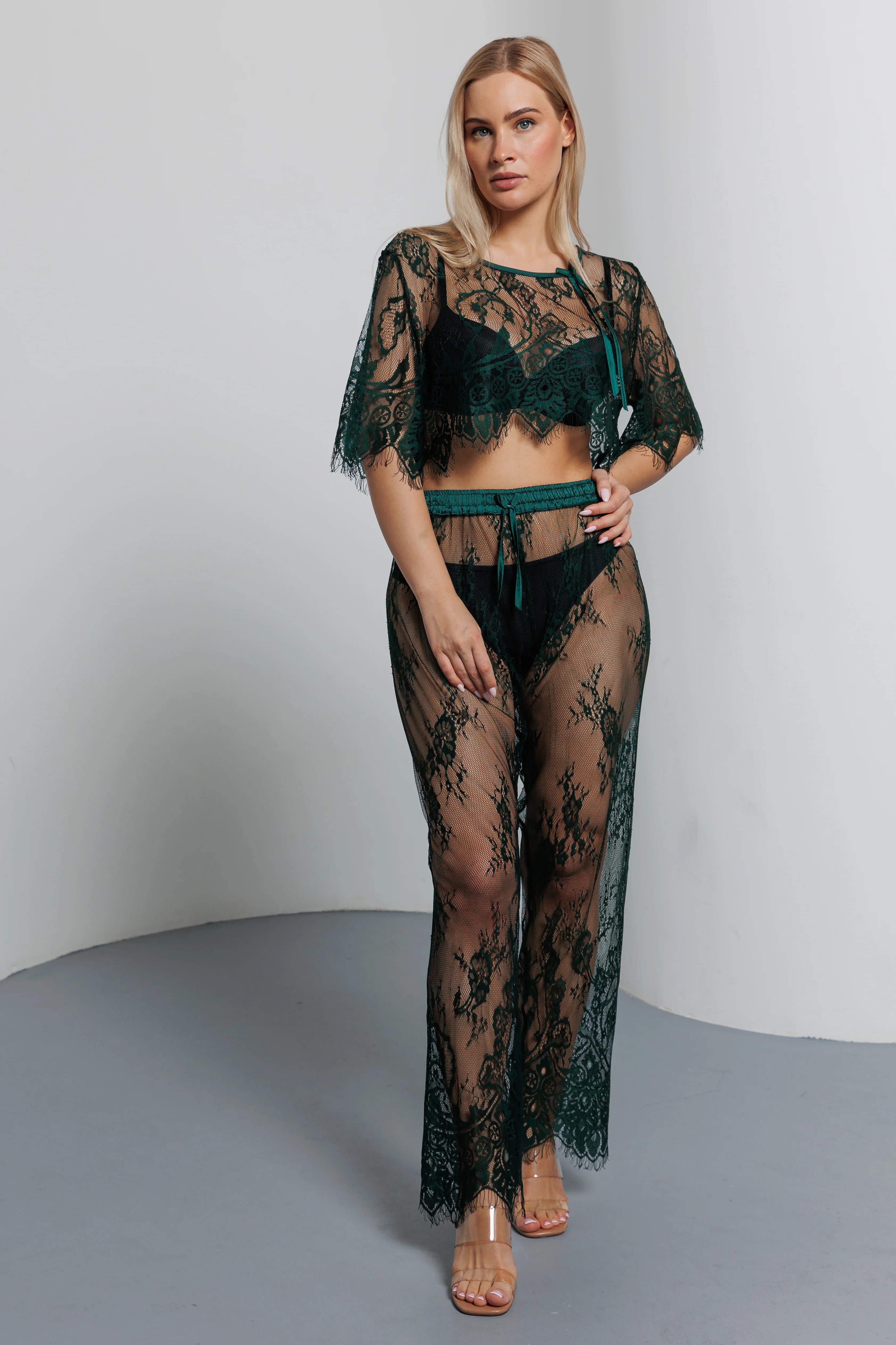 Long Lace Pajamas Set -green