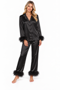 Silk Satin Feather Pajama Set Black