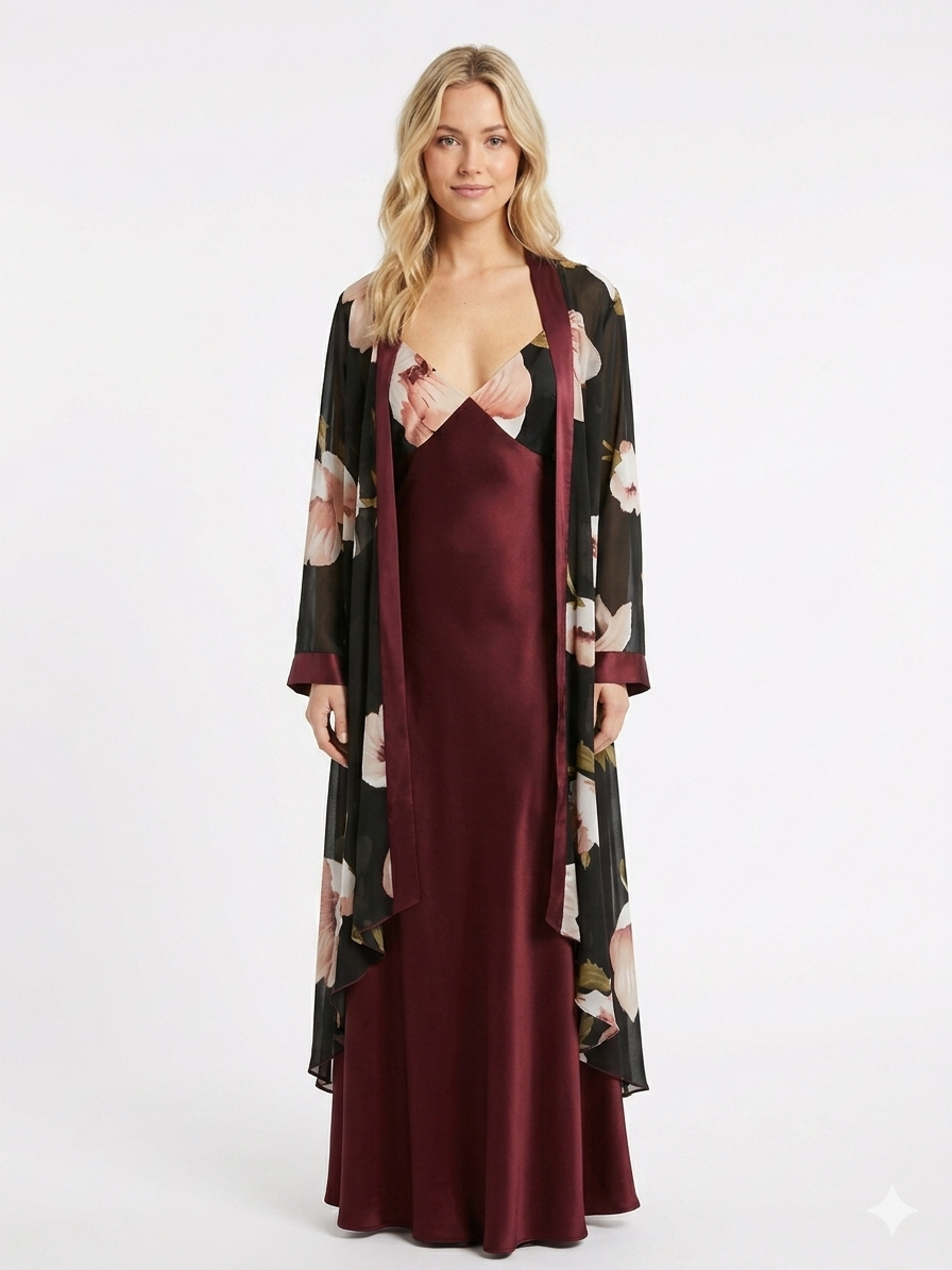 Luxury Chiffon Robe with Silk Satin Set bordo