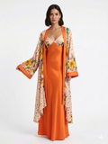 Luxury Chiffon Robe with Silk Satin Set Orange