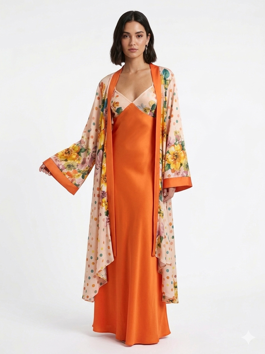 Luxury Chiffon Robe with Silk Satin Set Orange