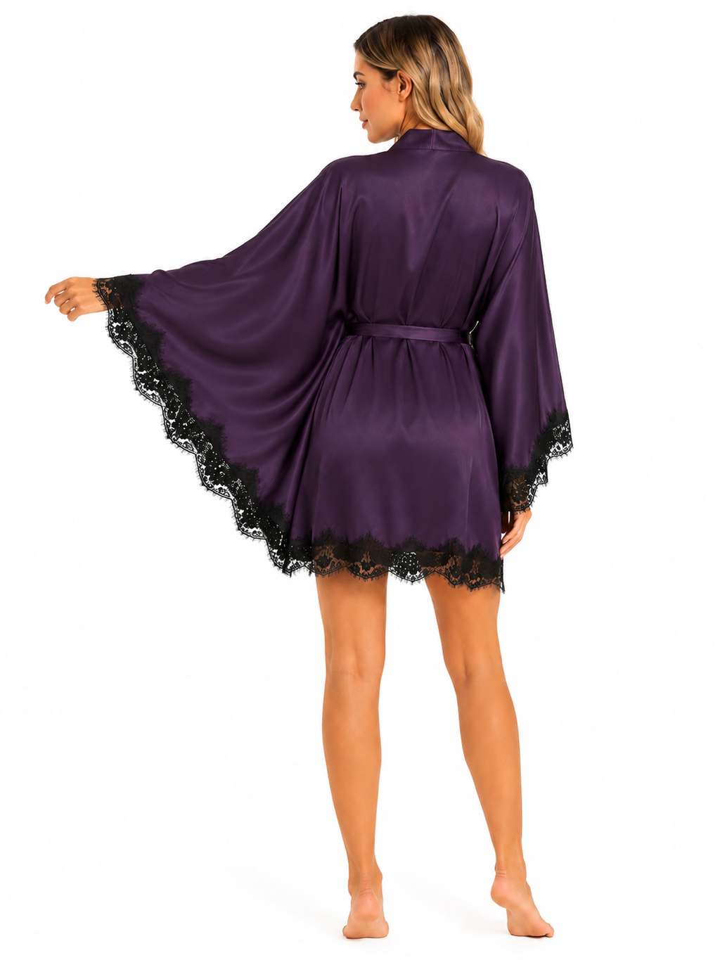 Short Satin & Lace butterfly Nightdress & Robe Set - purple Ft1663
